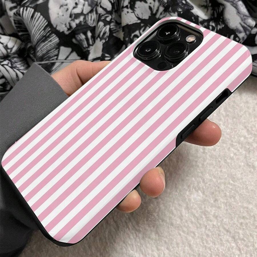 1 Unique 360 ° White And Pink Stripe Printed Phone Case - Cute And Minimalist 2-In-1 Design, Drop-Proof And Shock-Proof Full Coverage, Compatible With IPhone 16 Pro Max/16 Pro/16 Plus/16/15/14/13/12/11. Stylish And Cute - Ideal For Holiday Gifts - Sọc hồng và trắng - Xem 1