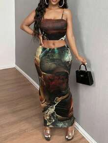 Halloween Clothes For Women Women's 2 Piece Outfits Summer Tie Dye Crop Top Asymmetric Slit Skirt Set Sexy - Multicolor - View 6