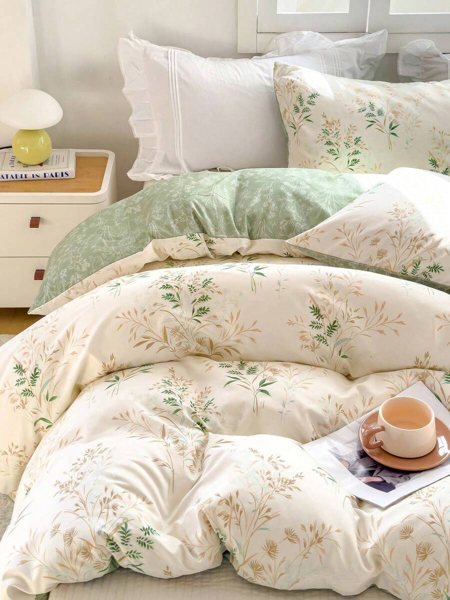 Juego de funda nórdica con estampado de hojas y flores (1 funda nórdica y 2 fundas de almohada) Set de ropa de cama suave y amigable con la piel para todo el año - Multicolor - Ver 1