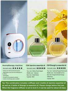 جهاز نشر العطور المنزلي، جهاز أروماثيرابي قابل للشحن، رذاذ أروماثيرابي كهربائي قابل للتثبيت على الحائط، مع إضاءة محيطة ملونة. يحتوي على 5 أوضاع عمل قابلة للتعديل و6 روائح أروماثيرابي للاختيار منها. الروائح طازجة وطبيعية، ويمكن وضعه في غرفة النوم أو غرفة المعيشة أو المكتب أو الحمام