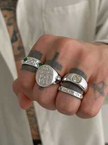 Bộ 4/3 nhẫn đính đá ngũ giác hình học bất đối xứng phong cách đường phố Hip Hop cổ điển, nhẫn xếp chồng cao cấp cá nhân hóa phù hợp cho nam giới, ngày lễ, tiệc tùng, hẹn hò, quà tặng, trang phục hàng ngày, trang sức đa năng - Bạc - Xem 2