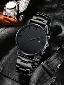 4pcs/Set Men's Casual Business Roman Scale Calendar Quartz Watch, Bracelet, Cross Necklace, Ring Jewelry Set, Suitable For Daily Wear