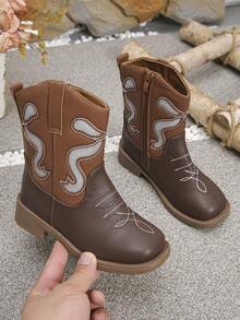 1 Pair Vintage Embroidered Hollow-Out Side Zipper Children's Western Boots - Brown - View 6