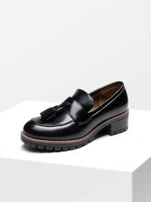 Women Loafers Slip On Platform Chunky Heel Dress Work Business Casual School Preppy Loafers Autumn Shoes - 黑色/PU - 查看 6