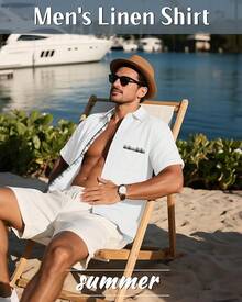 Men's Big And Tall Linen Shirts, Button Down Short Sleeve Summer Shirt Casual Cotton Beach Vacation Tops With Pockethalloween - 白色 - 查看 2