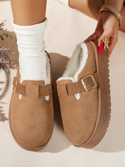 Thick Sole Round Toe Flat Slippers; Slouchy Slip-On Shoes; Flat Shoes; Slip-On Shoes; Flat Boots, Thick Sole Boots, Fashionable Fuzzy Warm Minimalist Solid Color Indoor Outdoor Travel Vacation Home Slippers, Thick Sole Slippers, Flat Slippers, Boot Shoes