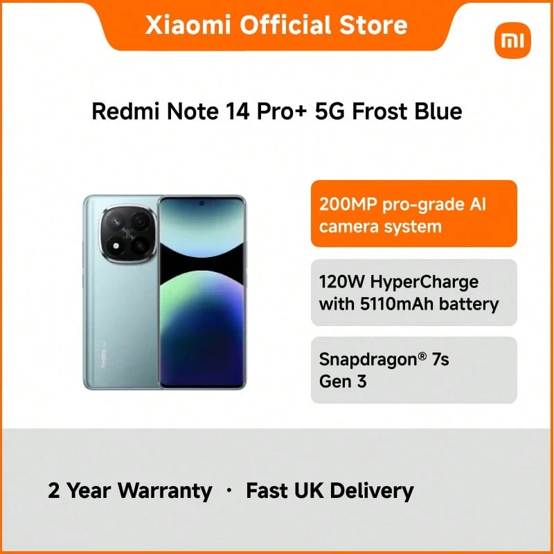 Redmi Note 14 Pro+ 5G (8GB+256GB / 12GB+512GB) – Snapdragon 7s Gen 3, 6.67" 1.5K CrystalRes AMOLED 120Hz, 200MP OIS Triple Camera, 120W HyperCharge, IP68 | AI-Enhanced Flagship With Pro-Grade Photography And Ultra-Fast Charging - UK Plug(220-240V) - View 1