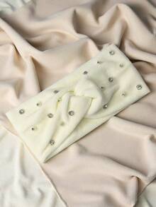 1 pieza Diadema elegante y casual de poliéster con lazo, diadema de invierno con decoración de perlas de moda, accesorio de cabello versátil y vintage con diseño cruzado para mujer en otoño/invierno