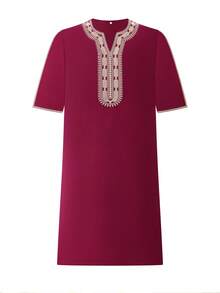 Elegant Moroccan Traditional Style Muslim Men's Kaftan Robe Gandoura Middle Sleeve Thobe For Prayer Traditional Islamic Weddings Wear Festivals Cultrual Clothing North Africa Traditional Islamic Long Robe - Red - View 1