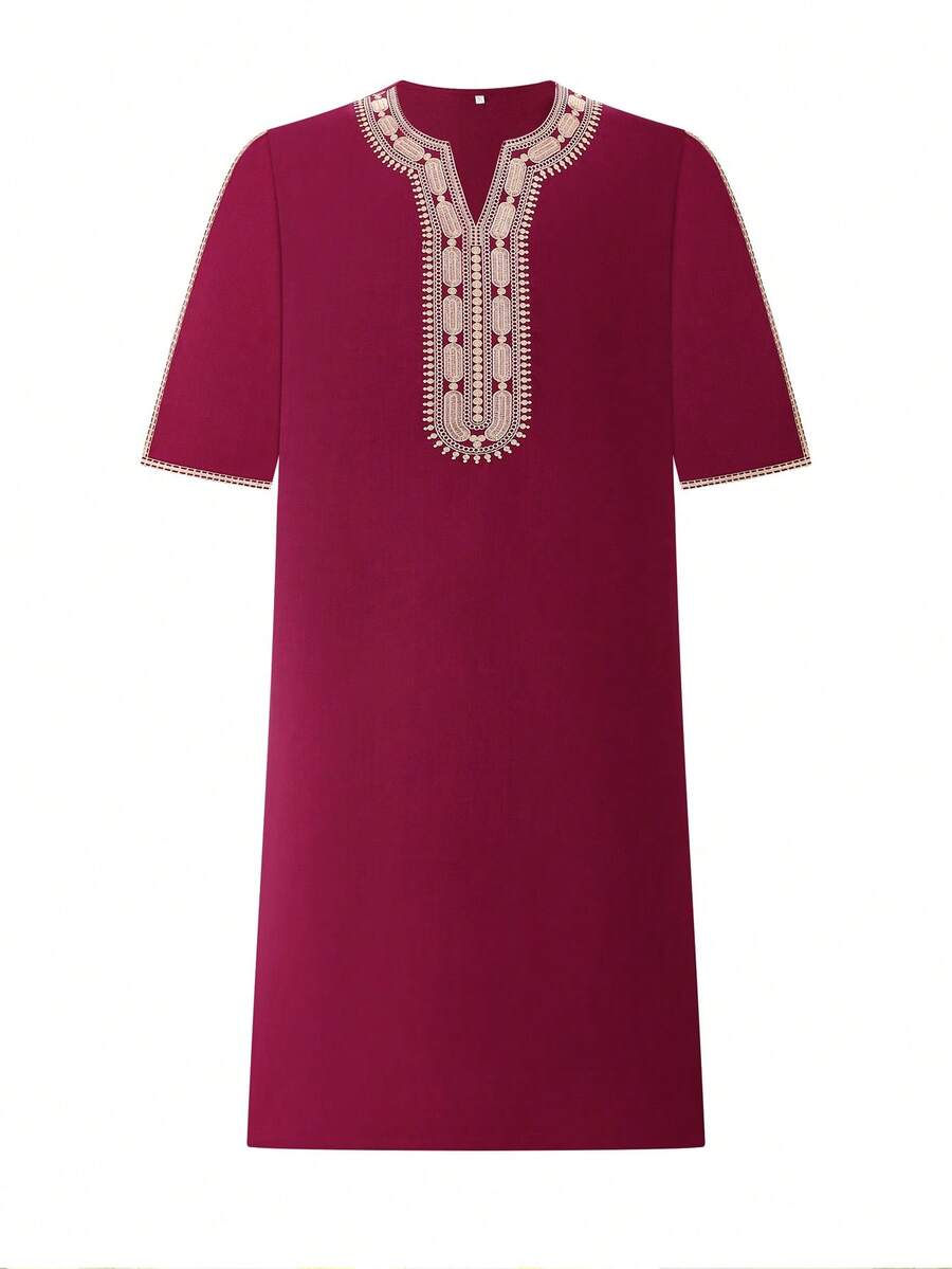 Elegant Moroccan Traditional Style Muslim Men's Kaftan Robe Gandoura Middle Sleeve Thobe For Prayer Traditional Islamic Weddings Wear Festivals Cultrual Clothing North Africa Traditional Islamic Long Robe - Red - View 1