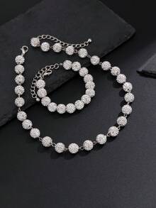 2pcs/Set European & American Men's Versatile Hip-Hop White Diamond Ball Necklace & Bracelet Set, Unique Men's Necklace, Beaded Bracelet Jewelry - White - View 5