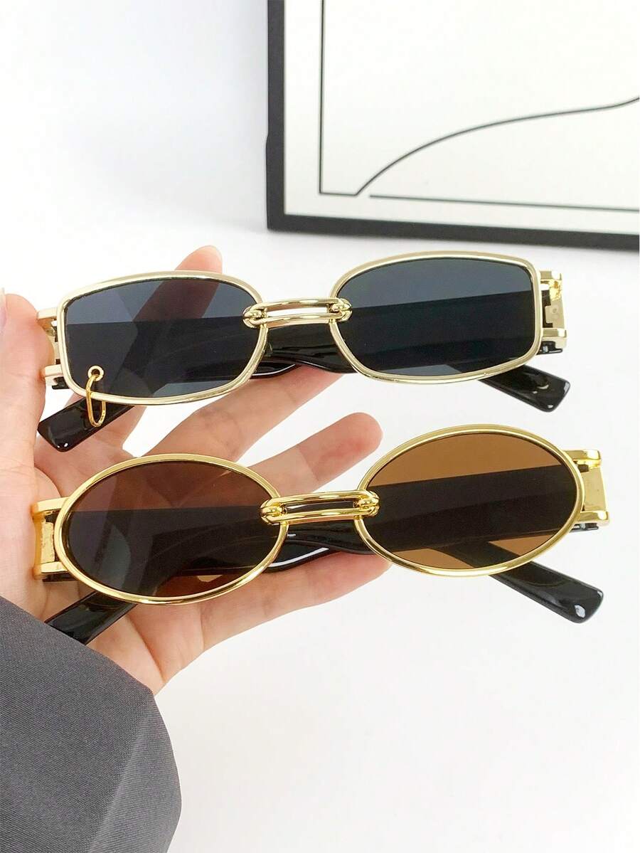 2 件方形女士时尚眼镜，新款 Y2K 街头风格眼镜 - 2PC中盒時尚金灰 金茶 - 查看 1