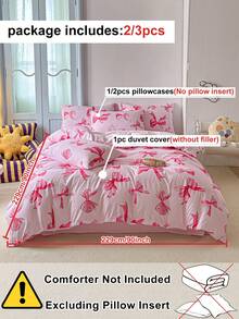 2/3pcs Pink Bow Printed Polyester Duvet Cover Set, Cute & Modern Children/Teen Girls All Season Bedding Set, Soft & Breathable, Machine Washable (1 Duvet Cover + 1/2 Pillowcase) - Pink - View 4