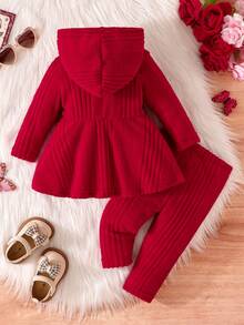 2 件套女婴甜美温柔蝴蝶印花字母针织连帽衫和裤子套装 - 酒紅色 - 查看 2