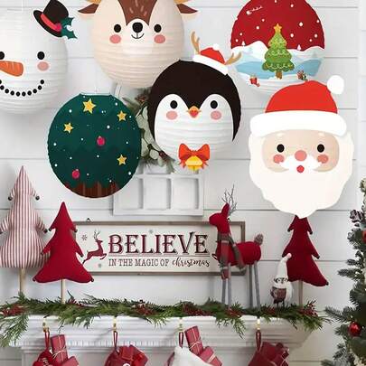 6件圣诞灯笼套装（12英寸）DIY纸灯笼圣诞老人驯鹿圣诞树图案圣诞派对节日家居装饰派对背景装饰背景装饰