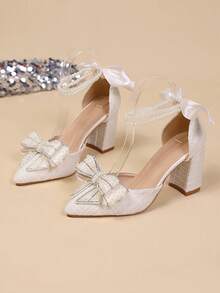 优雅白色仿珍珠 - 饰有蝴蝶结的尖头粗跟鞋 - 时尚别致，适合特殊场合、优雅场合、女士高跟鞋、派对装、婚礼装。 - 白色 - 查看 6