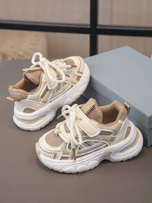 1 Pair Kids' Mesh & PU Hook And Loop Style Breathable Durable Casual Sports Shoes, Suitable For Spring & Autumn