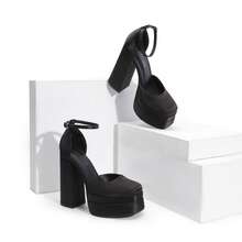 Women High Chunky Platform Closed Toe Block Heels Square Toe Ankle Strap Dress Wedding Party Prom Pumps Shoes Halloween Christmas Fall - Black-satin - View 10