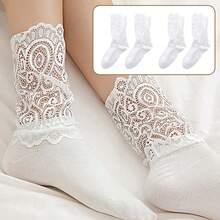 1 par de calcetines hasta la mitad de la pantorrilla de unicolor con bordado de flores y diseño calado para mujer - Negro - Ver 14