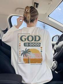 Women 2025 Spring/Autumn New Casual Palm Tree & Slogan Print Loose Dropped Shoulder Long Sleeve T-Shirt, A Fashion Essential For Every Season