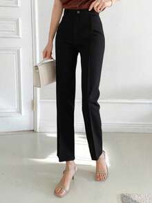 Damskie spodnie na jesień/zimę, cienka, elastyczna dzianina, jednokolorowe, z wysokim stanem i guzikami z przodu, proste i uniwersalne, wyszczuplające, proste nogawki, odpowiednie na co dzień i do pracy