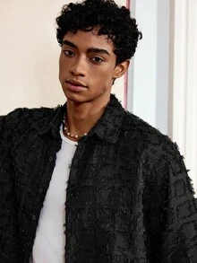 男士格子梭织短袖短款上衣，适合夏季，街头时尚 - 黑色 - 查看 1