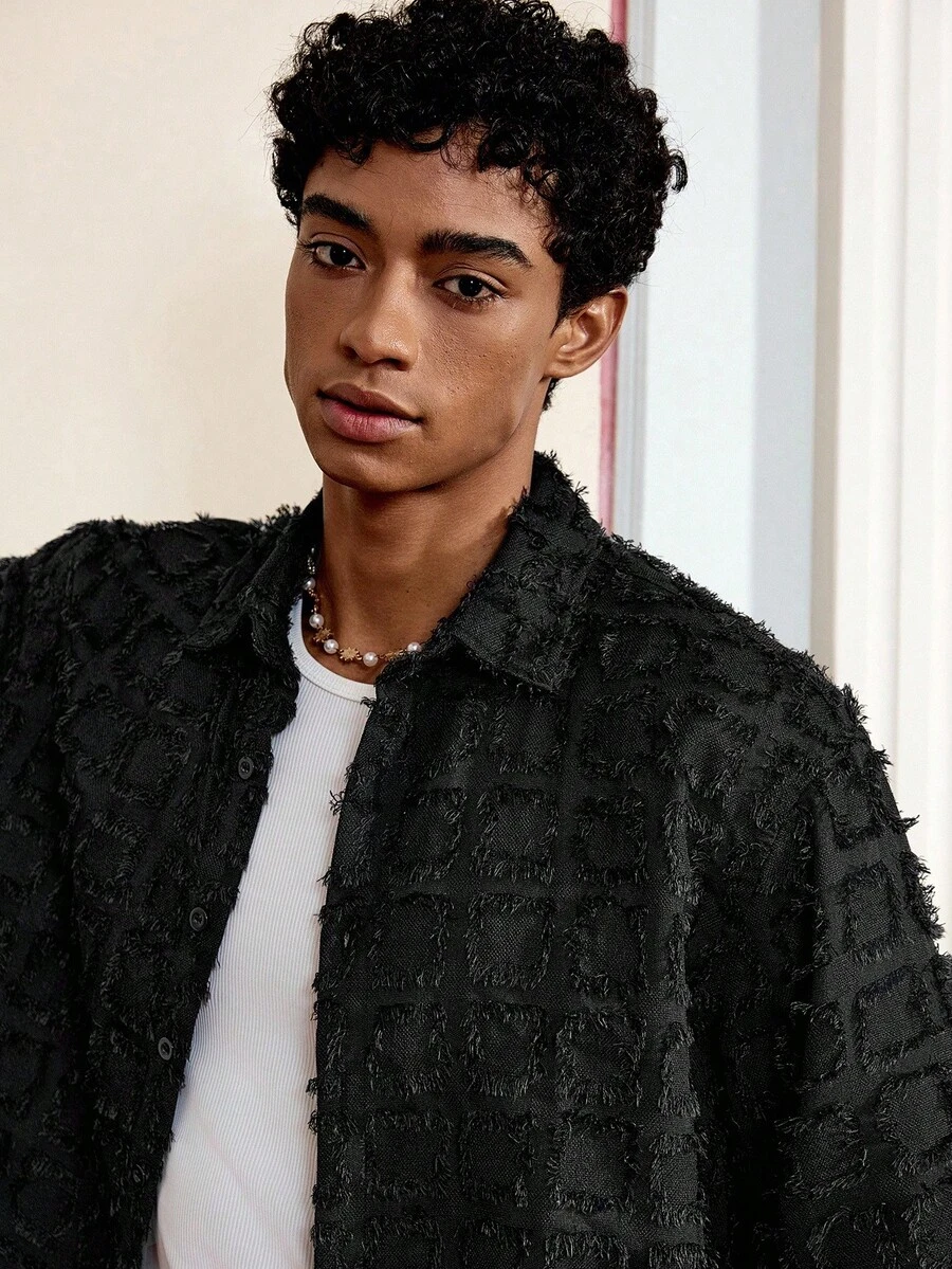 男士格子梭织短袖短款上衣，适合夏季，街头时尚 - 黑色 - 查看 1