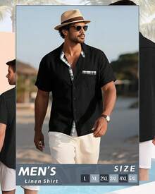 Men's Big And Tall Linen Shirts, Button Down Short Sleeve Summer Shirt Casual Cotton Beach Vacation Tops With Pockethalloween - 黑色 - 查看 2