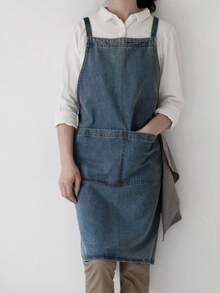 1pc Korean Style Thick Cotton Canvas Denim Apron, Anti-Stain Household Kitchen Work Uniform Bib, Barista Apron - Multicolor - View 8