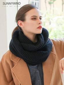 1 chiếc khăn quàng cổ dệt kim nhiều màu sắc ấm áp cho nữ, dùng hàng ngày khi mặc váy - màu đen - Xem 3