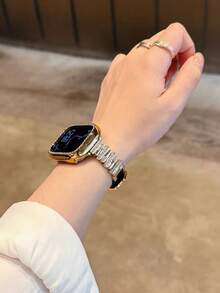 1 Peça Compatível com Pulseira de , Unissex, Pulseira de Metal Dourado com Strass Assimétrico & Preta, Compatível com Apple Watch 38/40/41/42/44/45/49/46mm, Compatível com Apple Watch S10/Ultra/SE/9/8/7/6/5/4/3/2/1, Macia e Confortável, Elegante e Versátil, Adequada para Ocasiões Casuais e de Festa, Acessório - Preto - Visão 7
