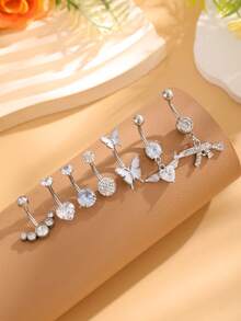 5pcs Fashion Cubic Zirconia Decor Butterfly Shaped Belly Button Rings, Heart Shaped Dangle Navel Piercing Jewelry Suitable For Women, Daily Wear And Festival Gifts