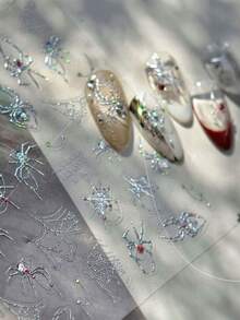 1片哥特式银色金属蜘蛛网美甲贴纸 5D蜘蛛按压式美甲艺术万圣节女巫美甲贴花女士酷女孩自粘装饰美甲设计美甲用品 - 彩色 - 查看 4