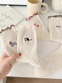 5 Pairs Lace Trim Cartoon Puppy Ruffle Ankle Socks, Random Assorted Delivery - Multicolor - View 4