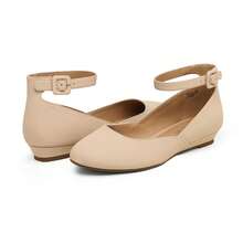 Women's Ballet Flats Low Wedge Ankle Buckle Strap Dress Office Shoes - Apricot Nubuck - View 3