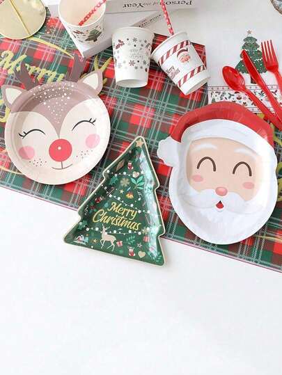 Classic Christmas-Style Red-White-Green Christmas Element Plate Set - Must-Have For Christmas Party Dessert Table, Round Disposable Plates/Cupcake Paper Plates, Leak-Proof & Durable Detail, Suitable For Serving Cocktails/Snacks/Desserts, Essential Tableware For Winter Christmas Holiday Dinners