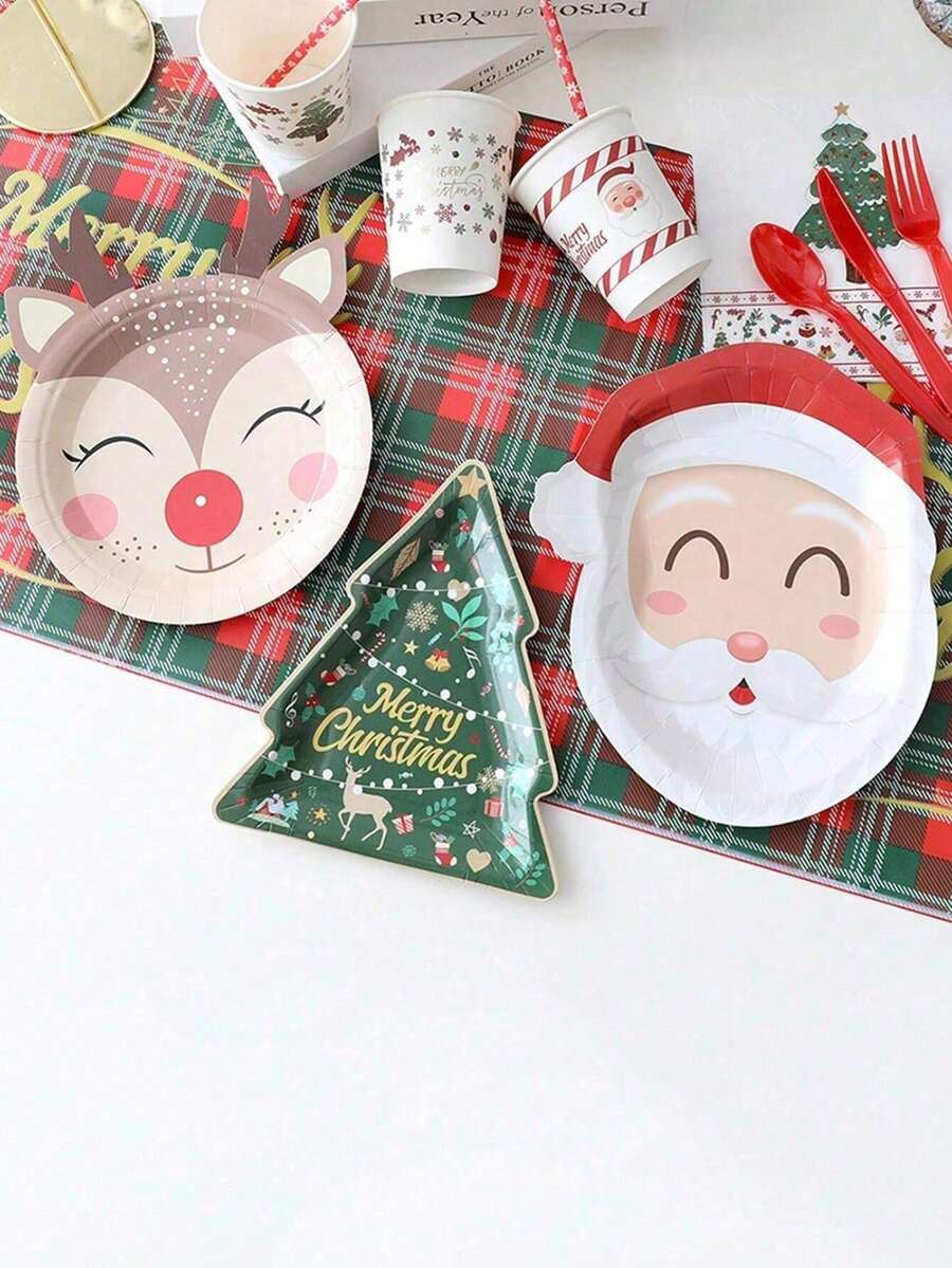 Classic Christmas-Style Red-White-Green Christmas Element Plate Set - Must-Have For Christmas Party Dessert Table, Round Disposable Plates/Cupcake Paper Plates, Leak-Proof & Durable Detail, Suitable For Serving Cocktails/Snacks/Desserts, Essential Tableware For Winter Christmas Holiday Dinners