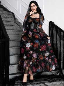 فستان طويل للنساء بطبعة الورود والدانتيل، ياقة مربعة أنيقة وأنثوية، أكمام واسعة، وذيل مكشكش، بتصميم جوتيك وساحر للهالوين والسهرات