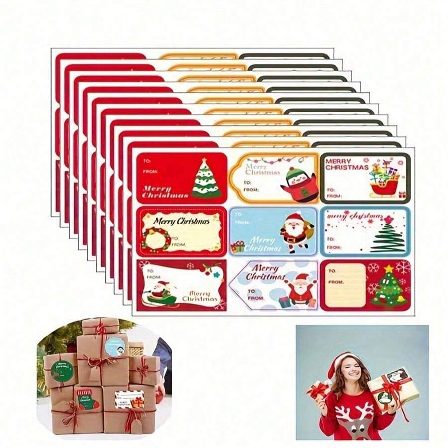 90pcs/Pack Self-Adhesive Christmas Gift Labels Stickers, Santa Claus, Snowman, Christmas Tree, Deer, Christmas, Birthday, Wedding, Holiday Decoration Gift Tags For Christmas Gifts To Friends
