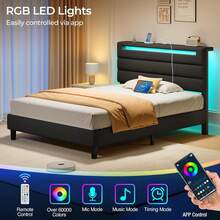 GREENSTELL Modern Platform Bed Frame, Twin/Full/King/Queen Size Bed Frame * Upholstered Headboards, With LED Lights & USB Charging Station, Easy Assembly, Bedroom Decor - 黑色 - 查看 7