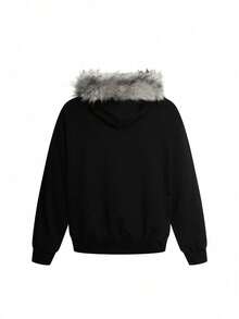 Retro Y2K Style Hooded Sweater With A Fur Collar, A Semi-Open Collar Patchwork Zipper Pullover For Men In Autumn - 黑色 - 查看 2