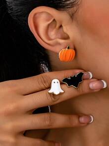3 Pairs/Set Of Halloween Metal Orange Pumpkin, Bat, Ghost Lady Earrings, Sweet And Unique Holiday Jewelry - Pumpkin Ghost Bat - View 2