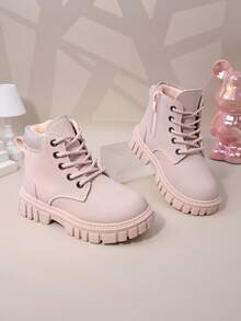 1 双粉色幼儿/儿童哑光柔软军靴，圆头，保暖厚底，前部系带，侧面拉链，经典短靴，适合男孩/女孩，休闲，学校，度假，派对，秋冬 - 粉色 - 查看 4