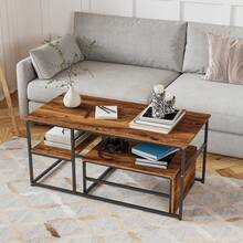 Mesa de centro de dos piezas, mesa auxiliar, aspecto mármol, estructura y estante de metal, mesa de centro, mesa de sala de estar, mesa de sofá, adecuada para sala de estar, dormitorio, madera y negro - Madera y negro - Ver 3