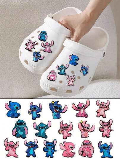 16 Stück  Neue Süße Lilo&Stitch Stitch Cartoon Loch Schuhe, Blumen Schuhe, Anime Muster Garten Schuhe Zubehör, DIY Schuhe Zubehör, Stitch Zubehör Set Schuhschnallen Angie, Cartoon Charms Zubehör für Frauen Männer Schuh Dekoration
