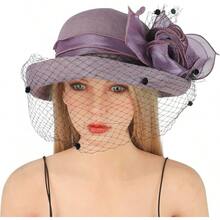 Womens Flower Church Derby Hat With Fascinator Wedding Bridal Tea Party Hats Bowler Cloche Bucket Hat - Purple - View 2