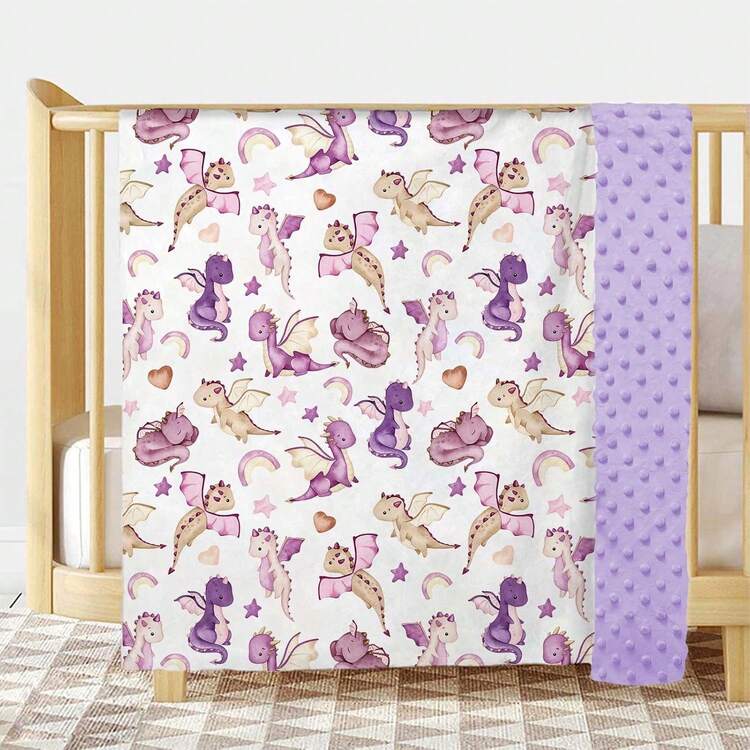 女童龙形婴儿毯，紫色童话主题柔软婴儿房毛毯，双层圆点背衬，幼儿婴儿床婴儿车襁褓，婴儿毯，30 英寸 X 40 英寸 - 紫色恐龍 - 查看 4