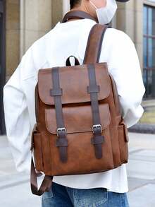 14.7英寸笔记本电脑背包大容量背包适合青少年男生男士PU皮革背包男书包带拉链高品质