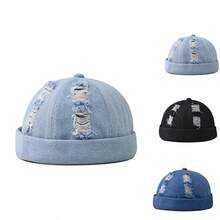 Men's Casual And Stylish Melon Rind Hat, Daily Versatile And Comfortable Washable Denim Ripped Brim Hat, Outdoor Sports Landlord Hat And Newsboy Hat - 淺藍色 - 查看 2