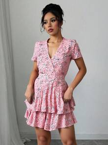 Vestido corto mujer estampado floral y plantas manga corta escote v verano casual día cordon ajustable bajo capas casual vacaciones primavera verano calle fiesta desayuno jardín calor - Rosa - Ver 1